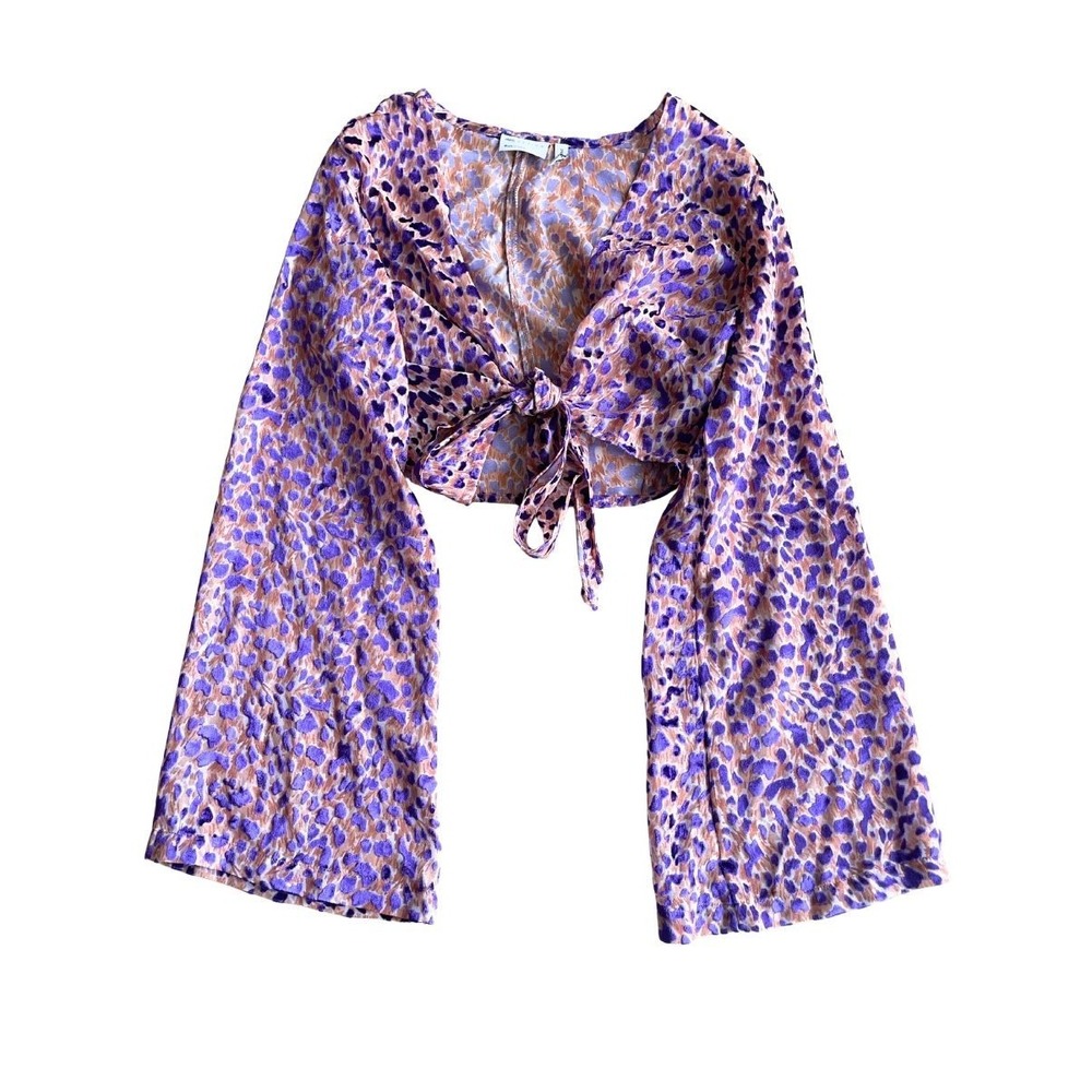 ASOS Design Purple Velvet Leopard Tie Front Crop Top Bell Sleeve Sz 2